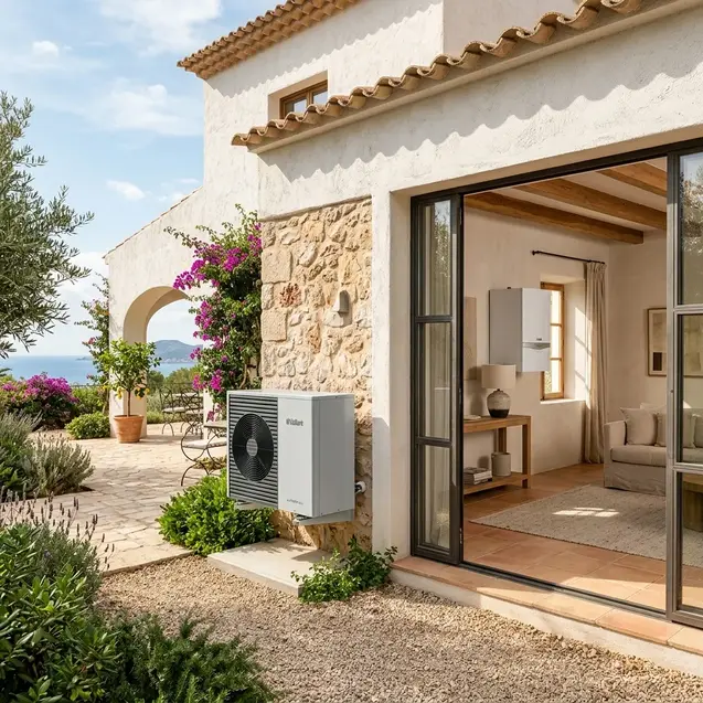 Instalación moderna de aerotermia en vivienda mediterránea